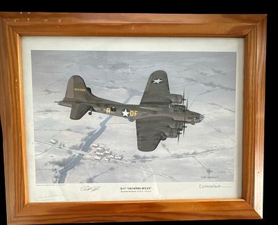 WWII B-17 "Memphis Belle" 19x15inch overall colour print signed by Captain Robert K. Morgan and 