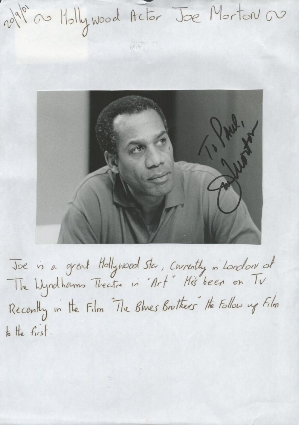 Lot 463: Joe Morton signed 6x4 black and white photo....