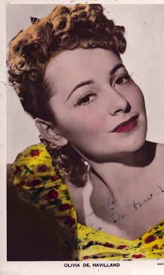 Olivia de Havilland Signed 6X4 inch colorised post Card