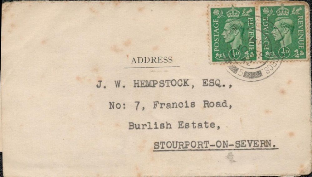 Lot 558: Addressed Envelope to J. W. HEMPSTOCK. Postmark 10th...