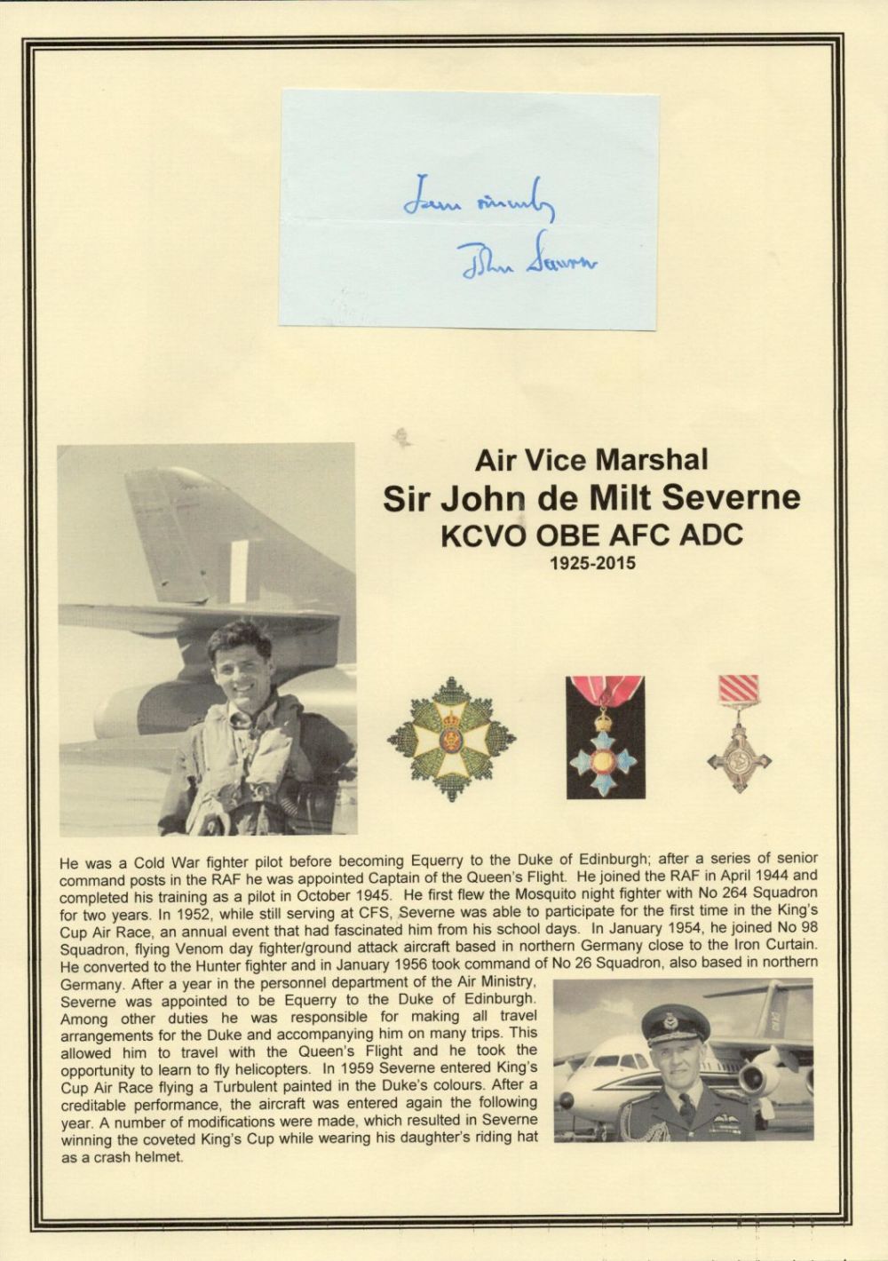 Lot 604: Air Vice Marshal John de Milt Severne KCVO...