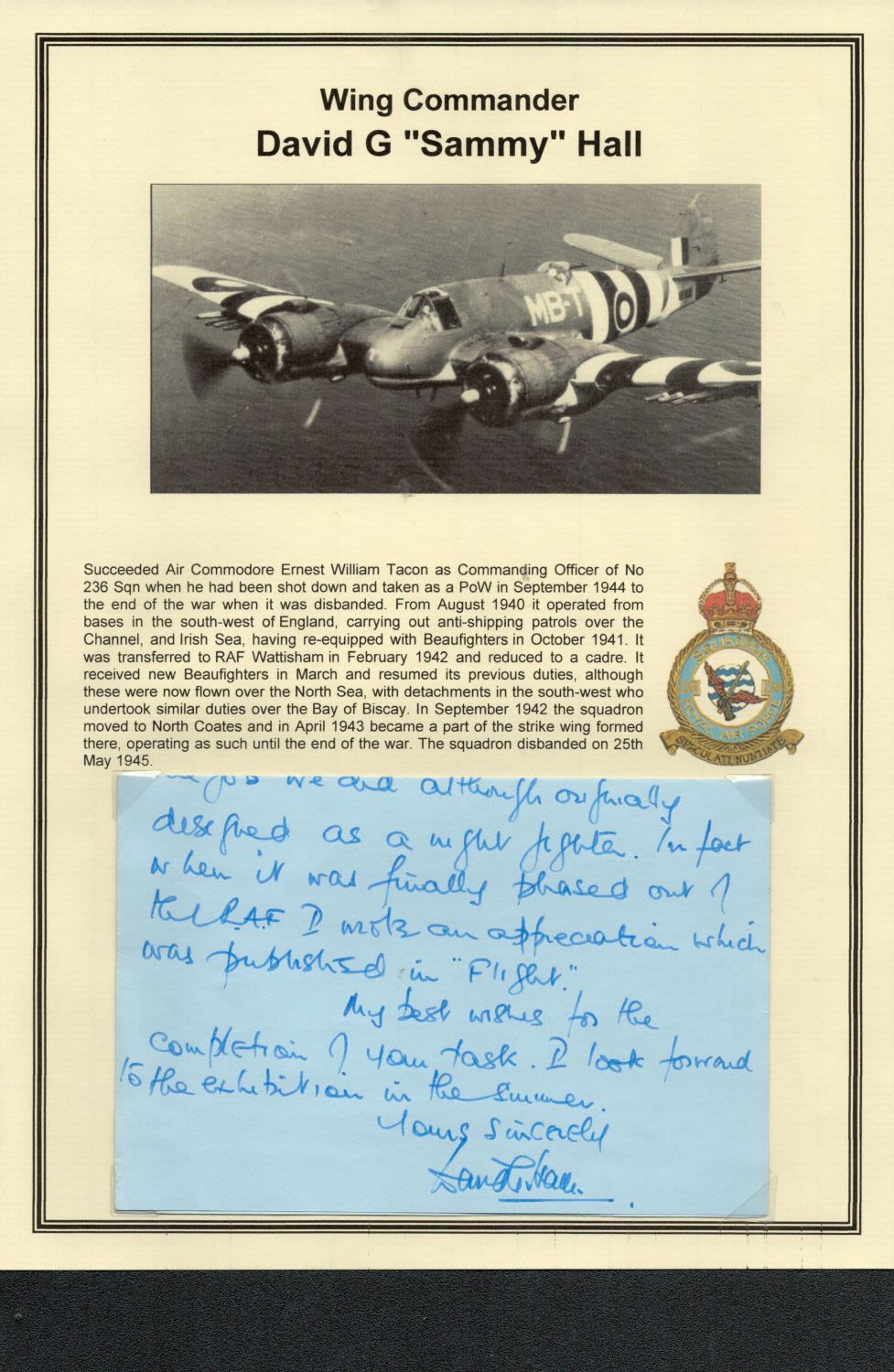 Lot 611: Wing Commander David G "Sammy" Hall signed hand...