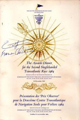 Francis Chichester signed dinner signed on front cover