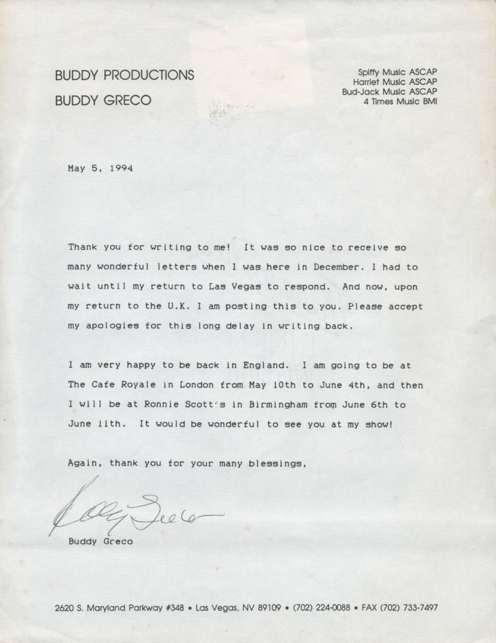Lot 781: American Singer Buddy Greco Signed TLS Dated May...