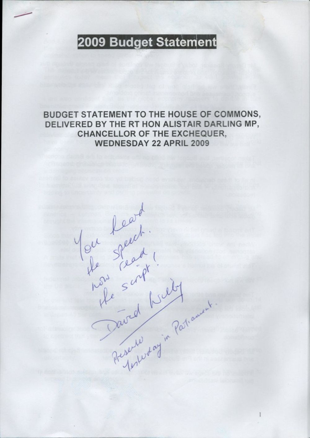 Lot 817: David Wilby Signed Official 2009 Budget Statement Delivered...