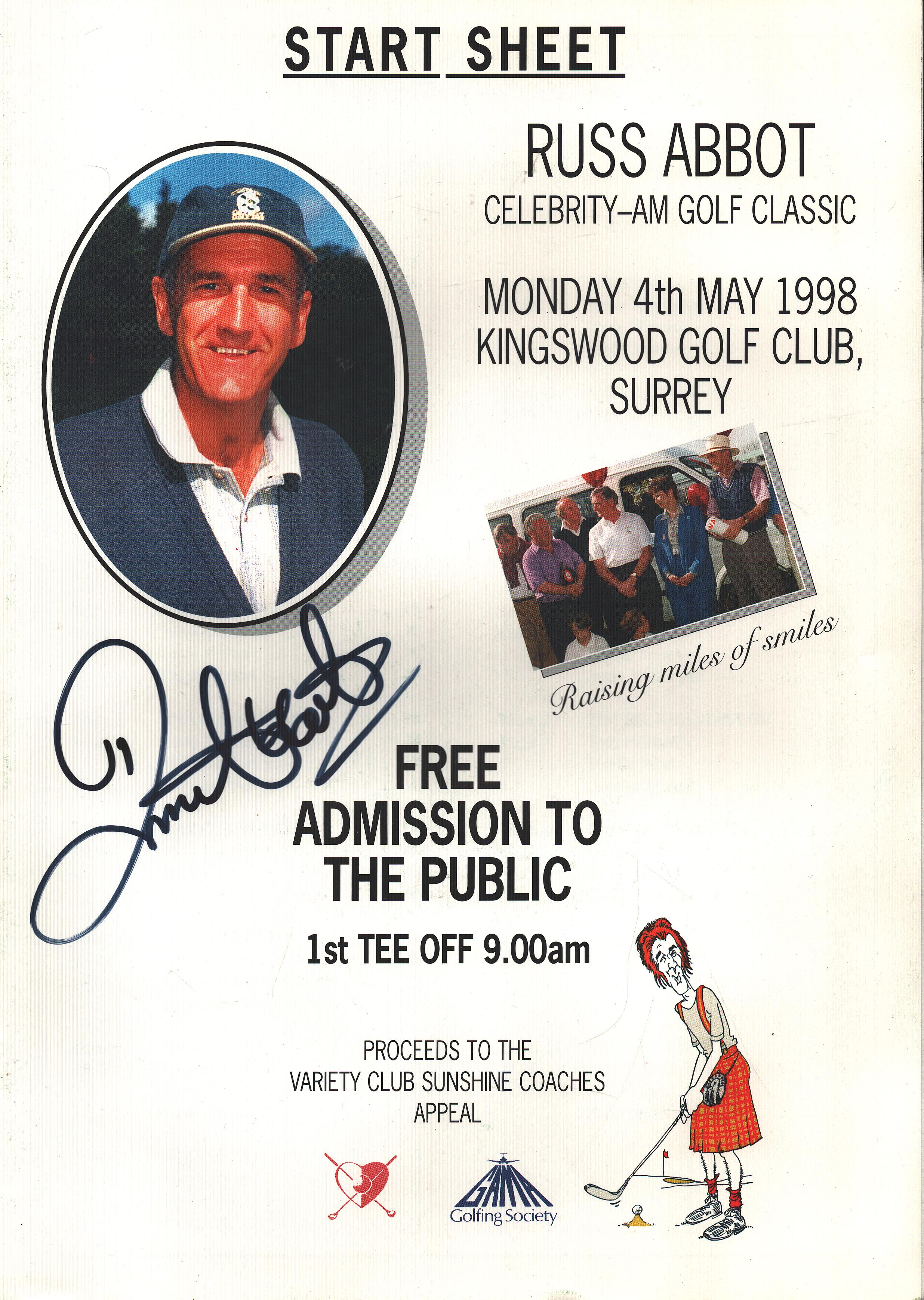 Russ Abbot signed Celebrity-AM Golf Classic Start Sheet 12x8.5 inch Approx