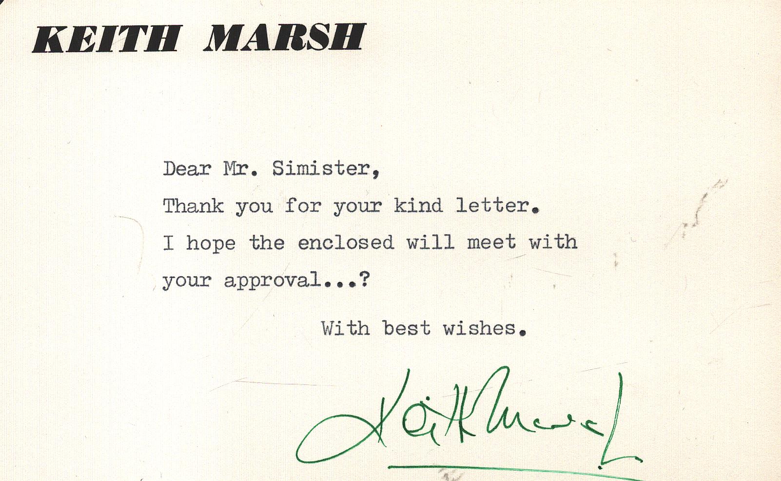Keith Marsh signed Thank card