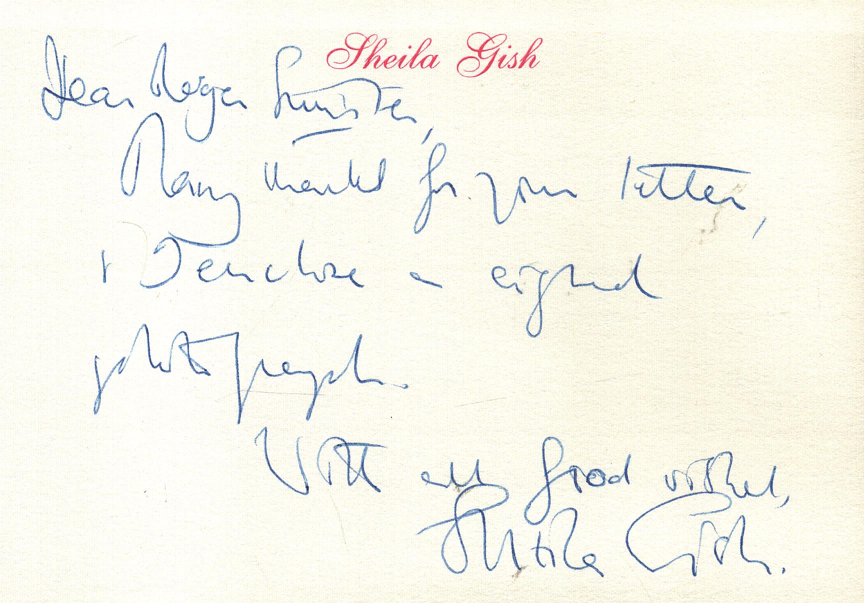 Sheila Gish signed 6x4 inch Card