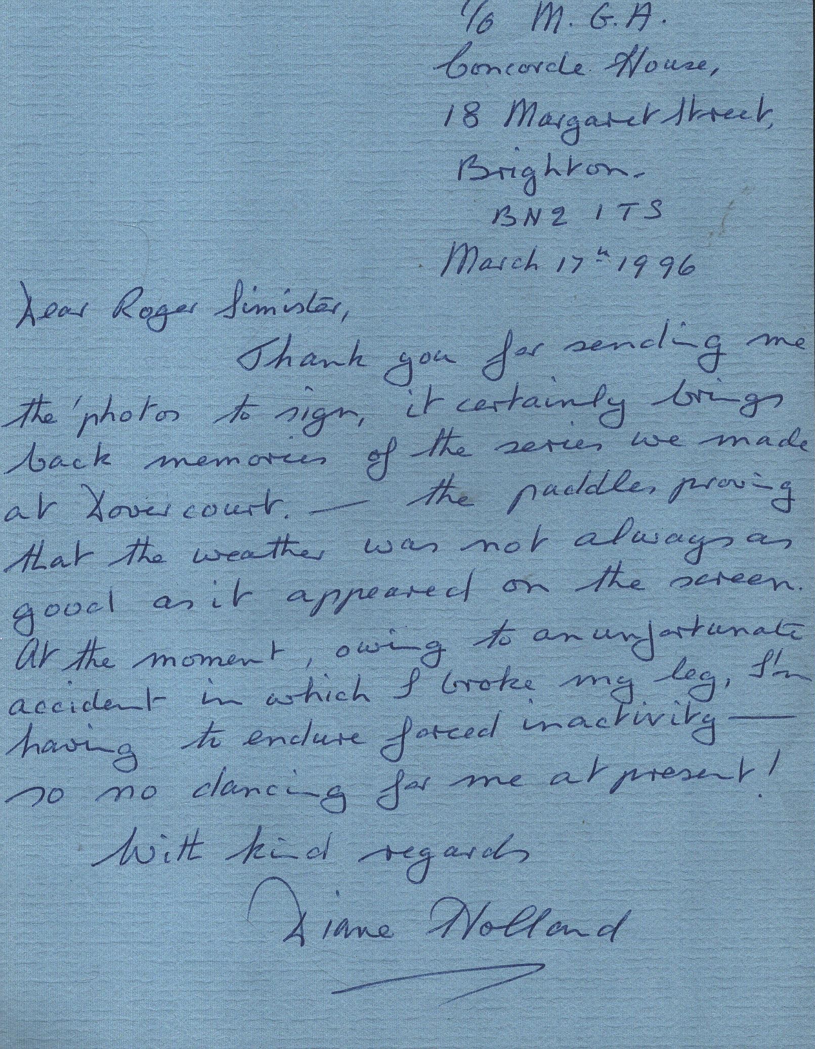 Diane Holland ALS Thank you letter dated 17th March 1996. 7x5.5 inch