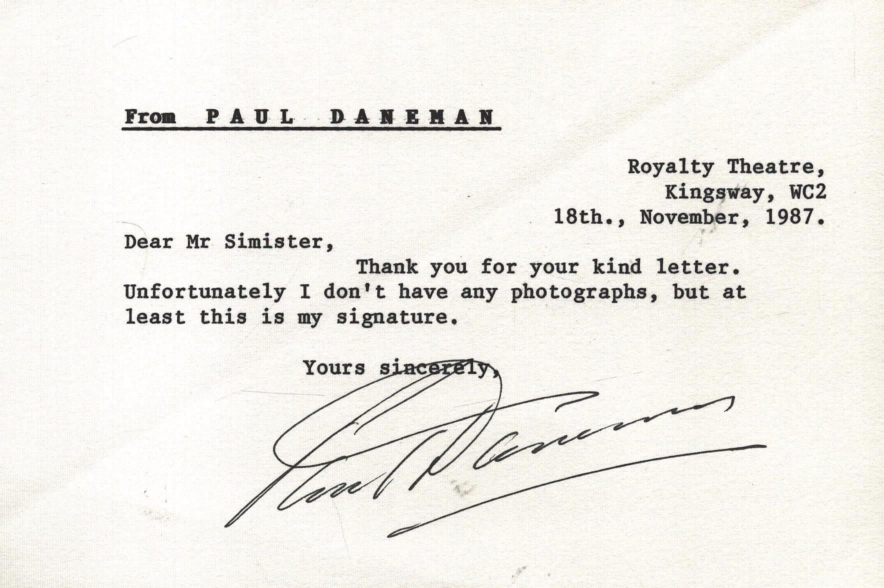 Paul Daneman signed Thank you card 6x4 inch