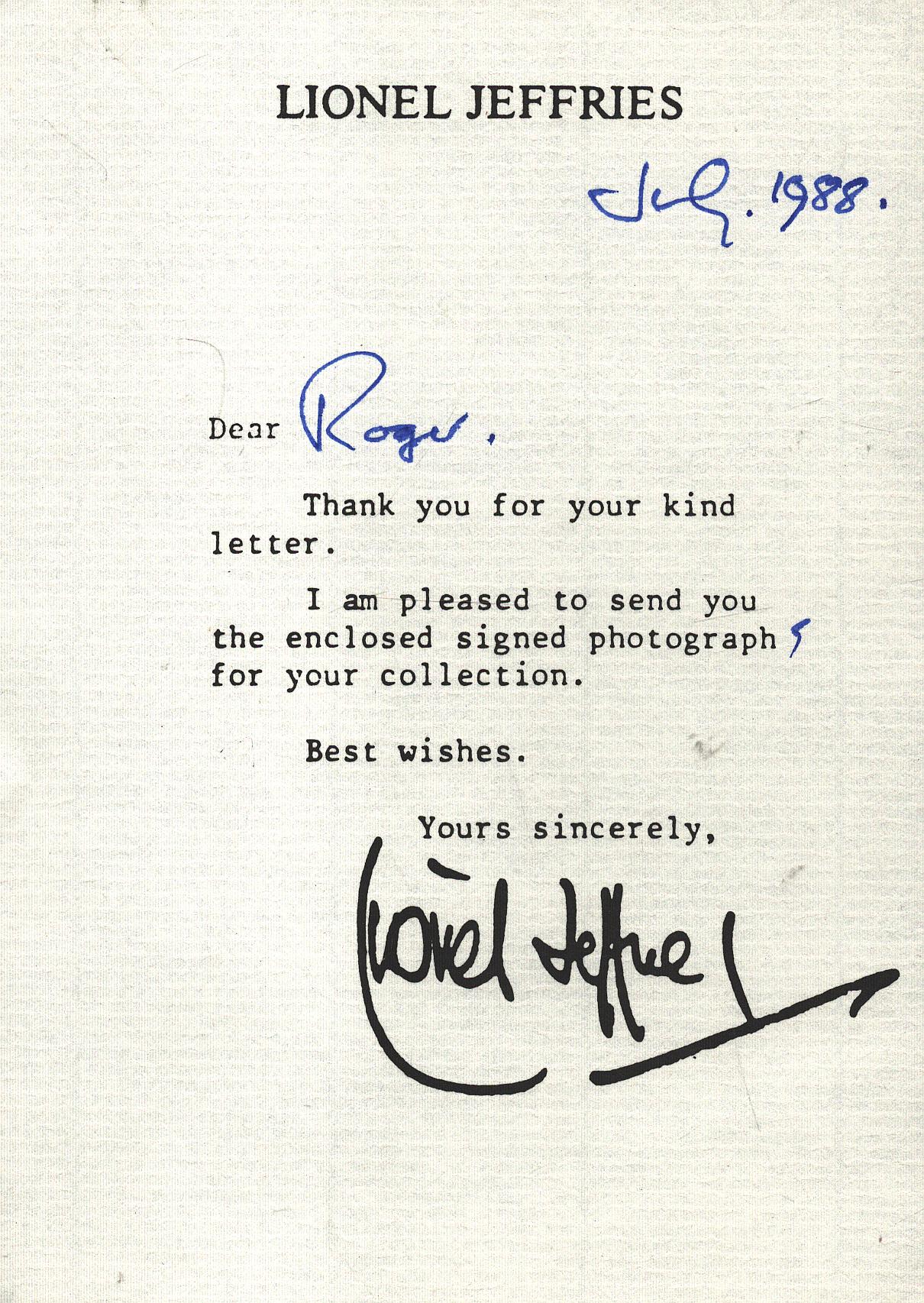 Lionel Jeffries signed Thank you note