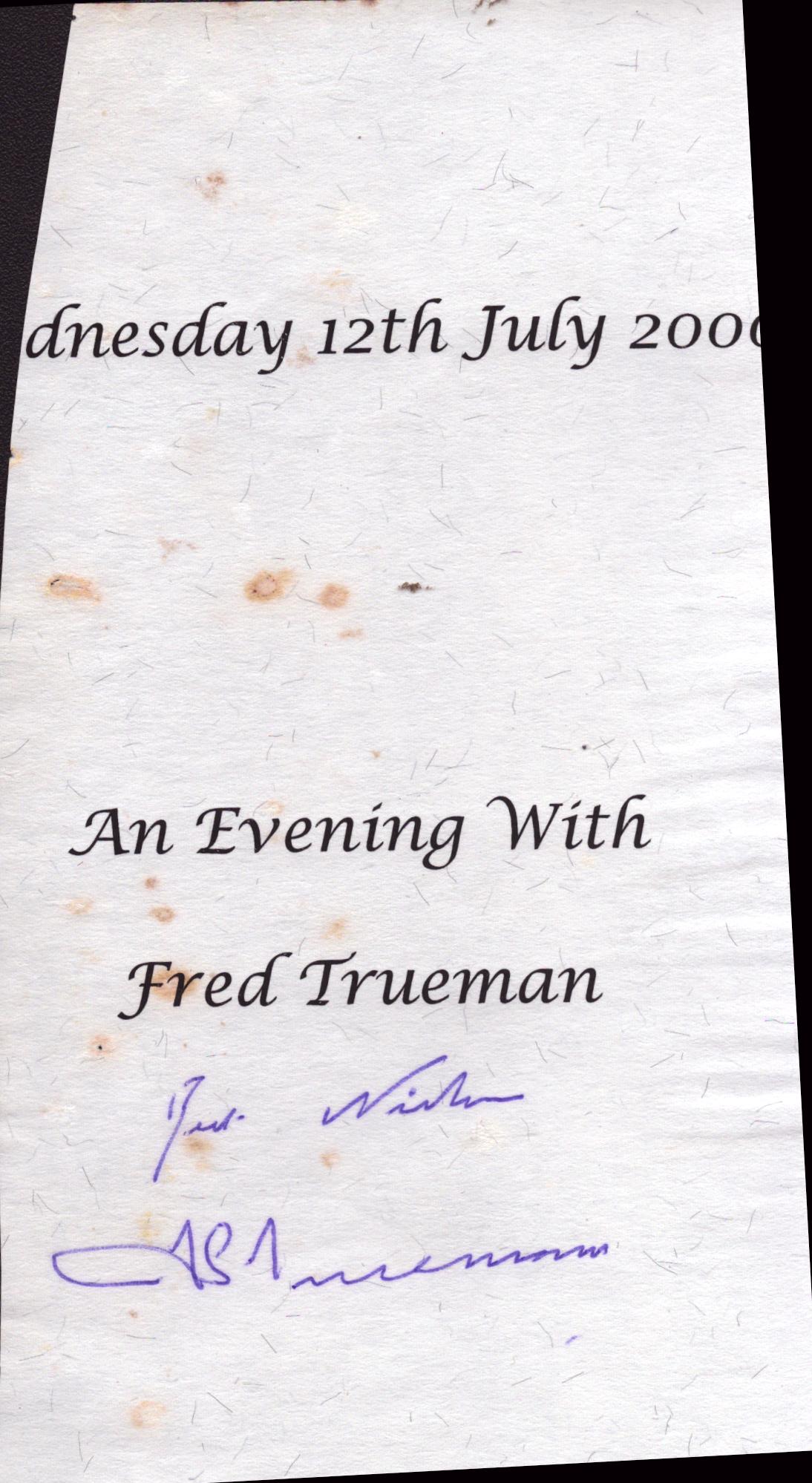 Fred Trueman signed piece of paper from an 'Evening With' event