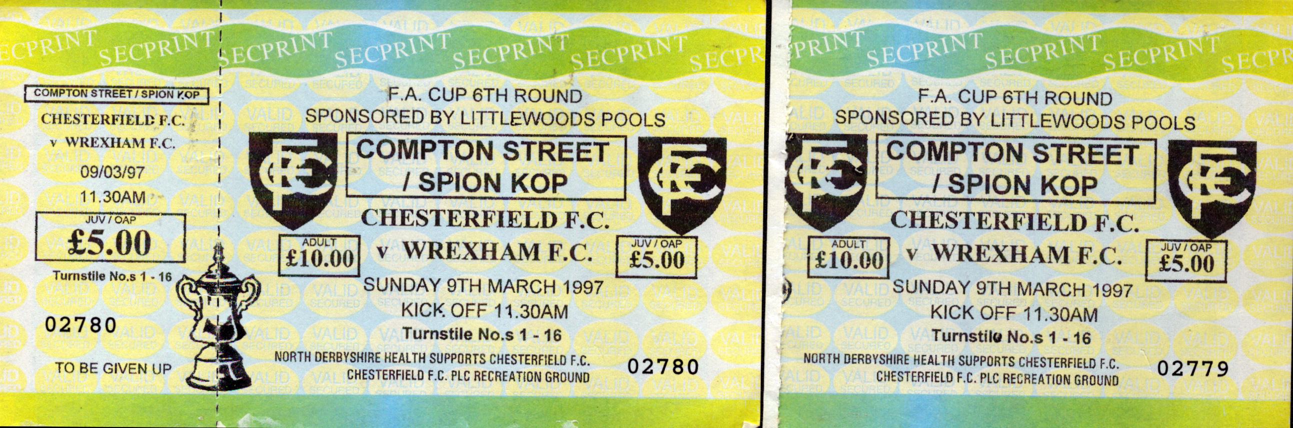 Two original match tickets for the 1996–97 FA Cup 6th Round fixture between