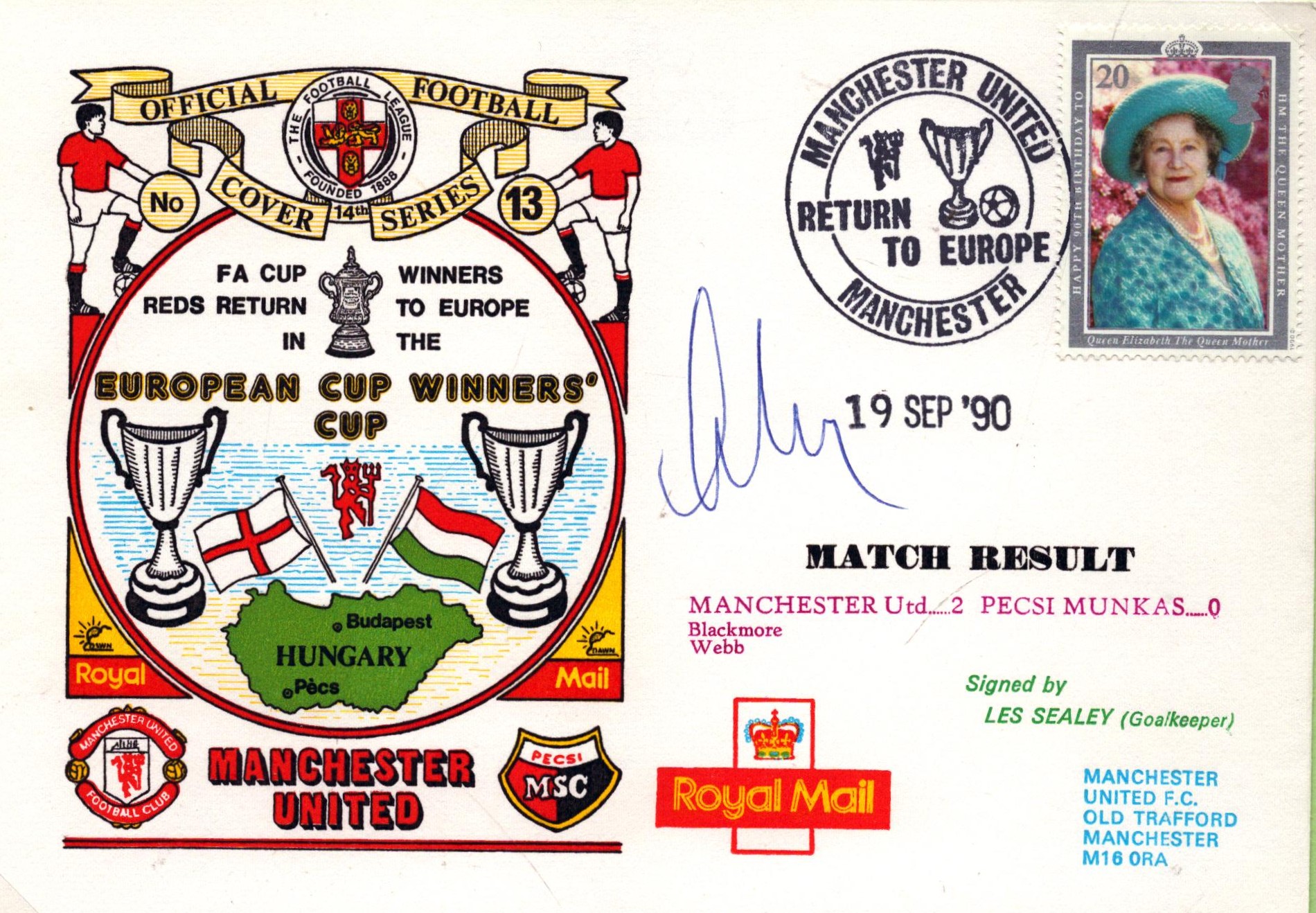 Les Sealey signed Dawn offical Football Cover, Manchester United