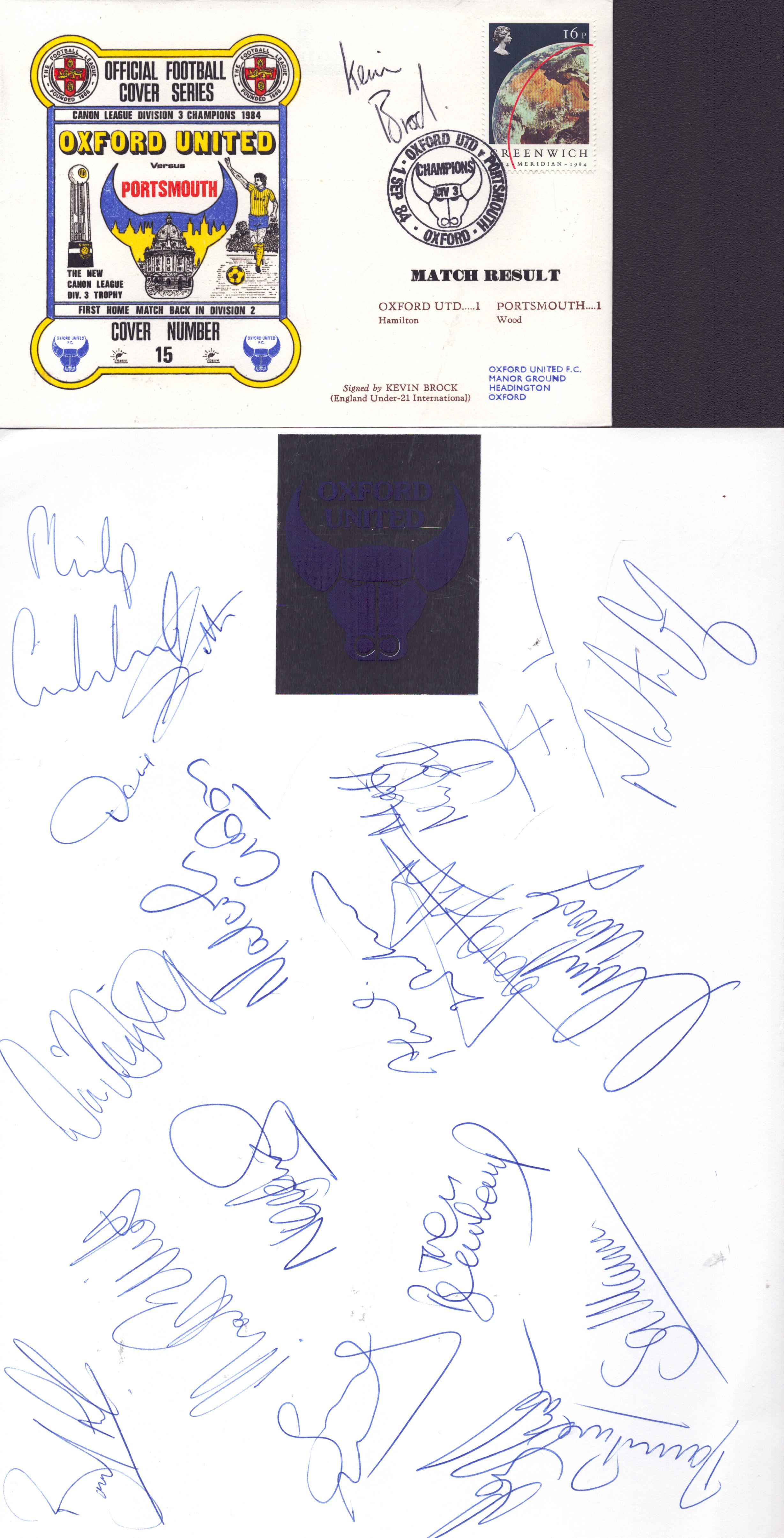 Multi-signed Oxford United autograph sheet with 18 signatures and Kevin Brock