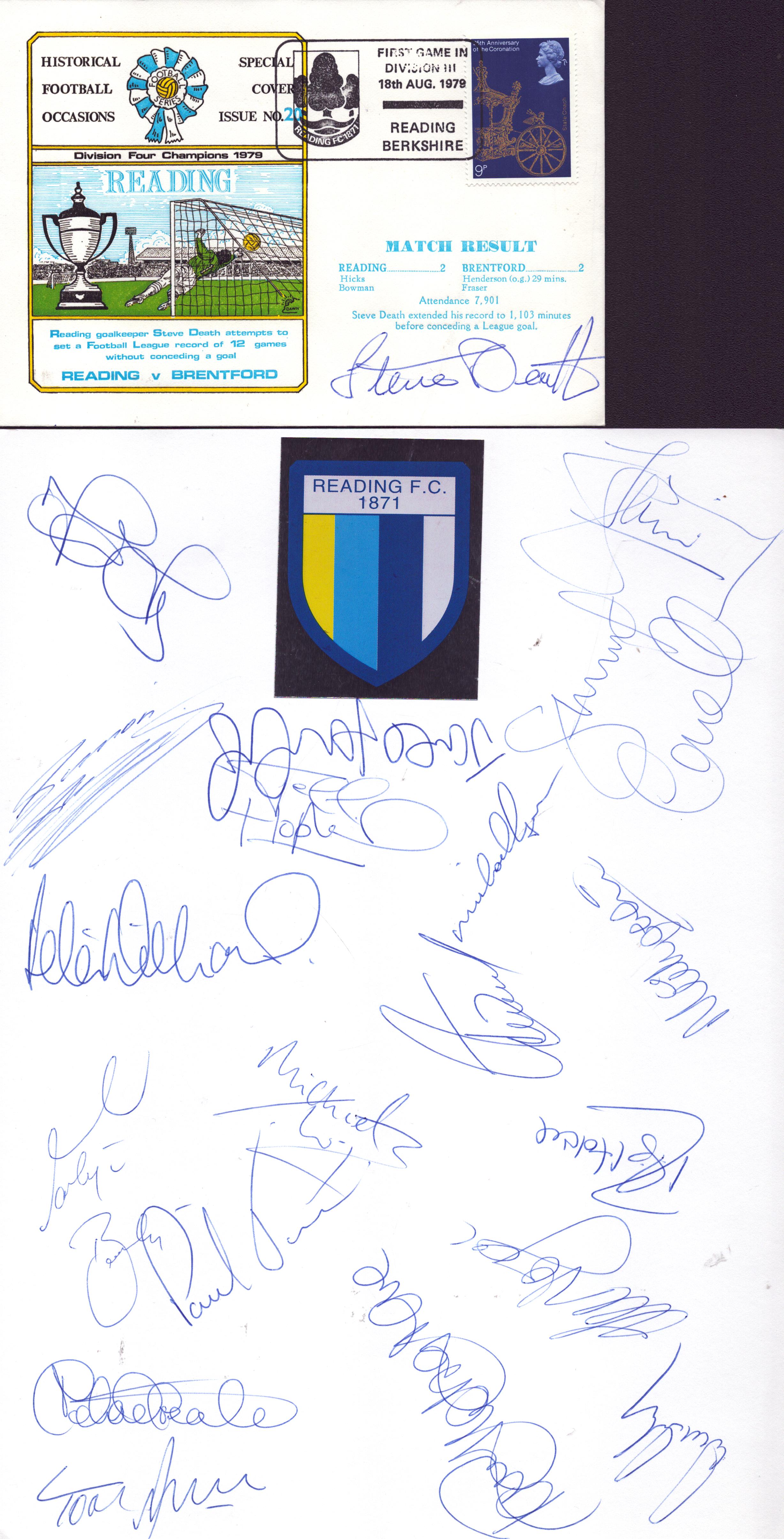 Multi-signed Reading autograph sheet with 19 signatures and Steve Death signed