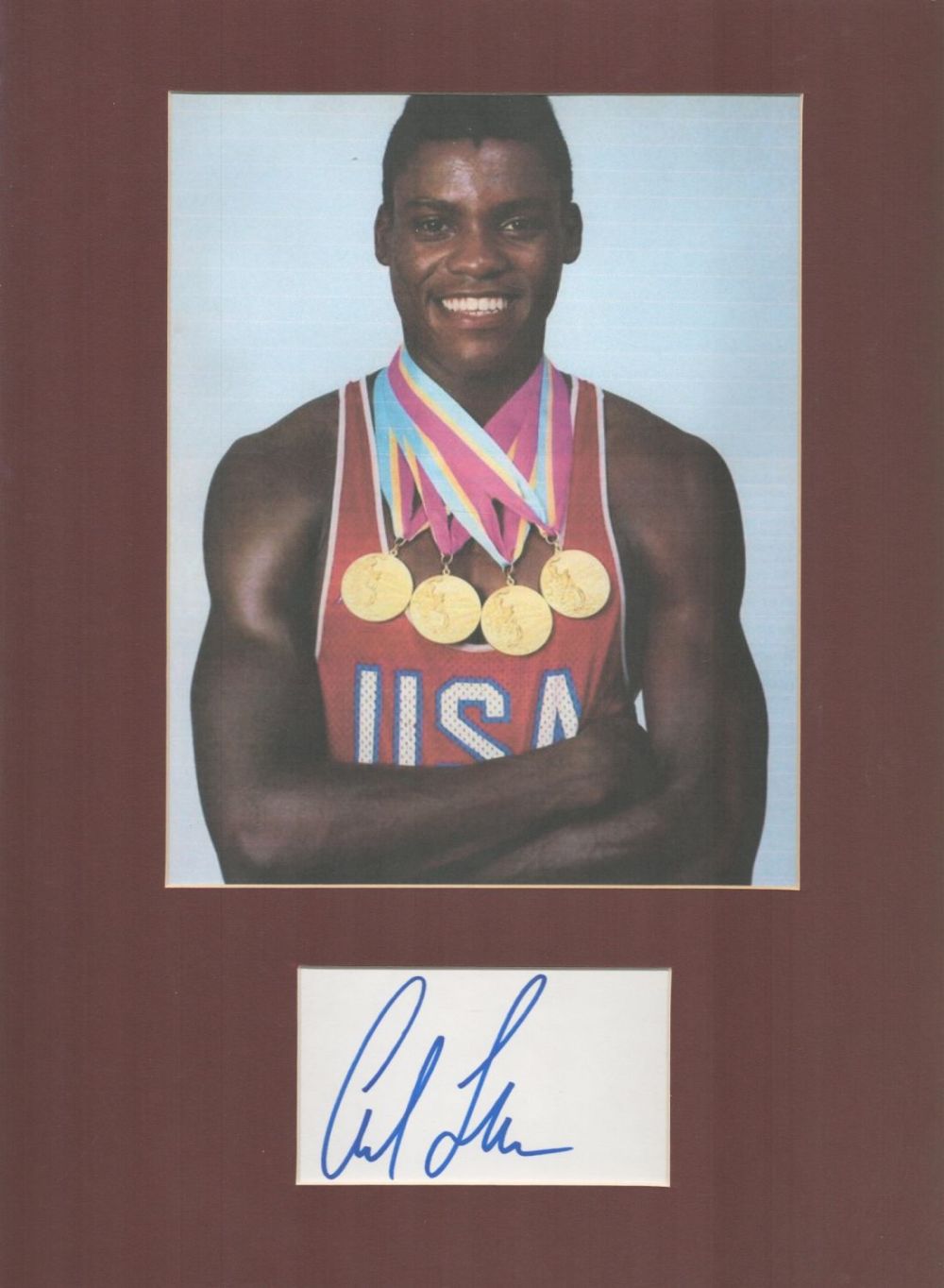 Lot 58: Athletics, Carl Lewis matted signature piece, overall size...