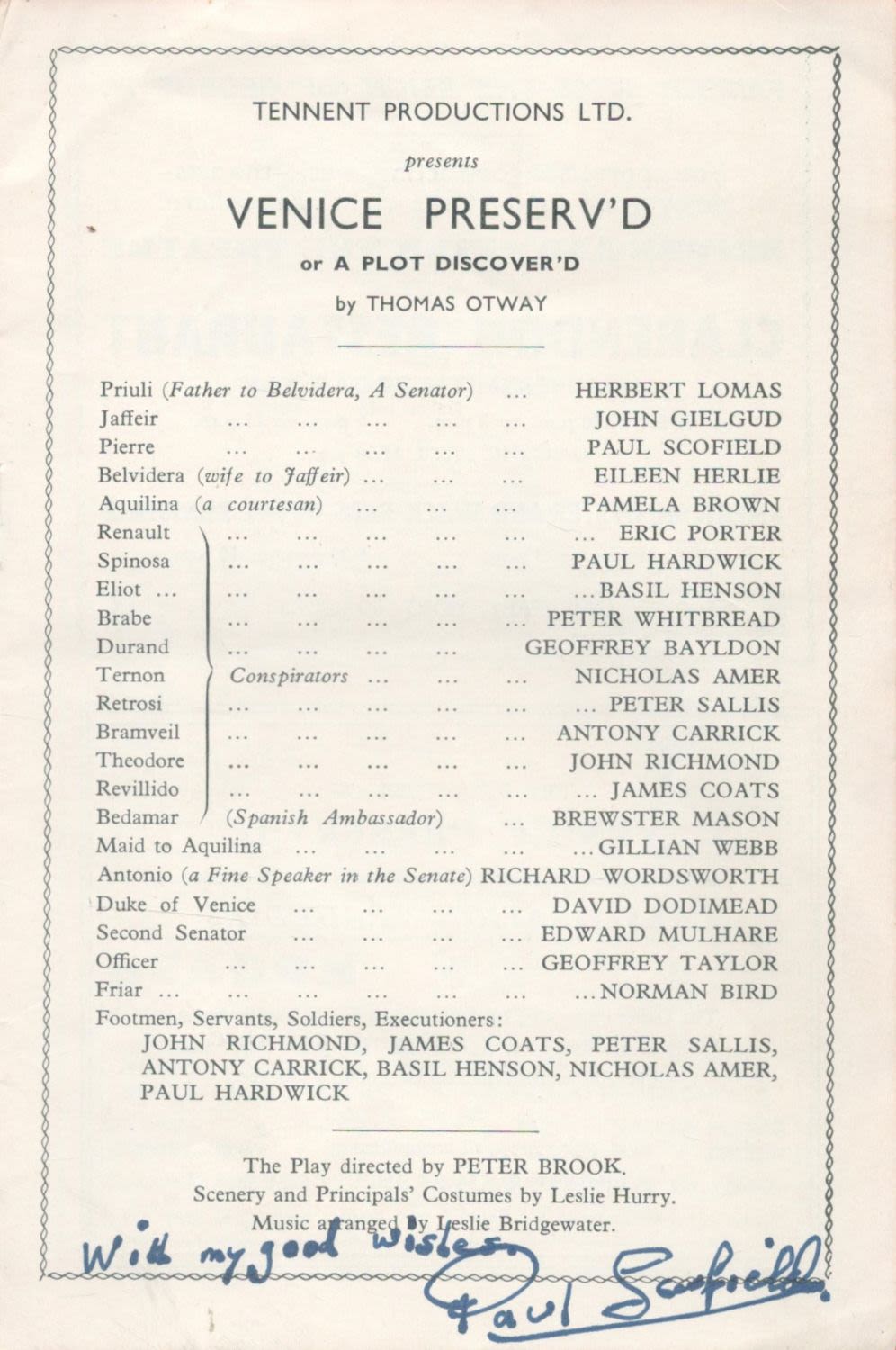 Lot 148: Actor, Paul Scofield signed theatre programme for Venice...
