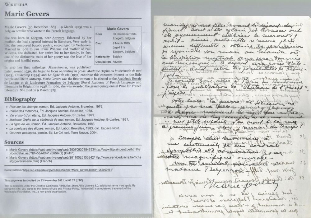 Lot 103: Marie Gevers ALS. Comes with Wikipedia page. Gevers...
