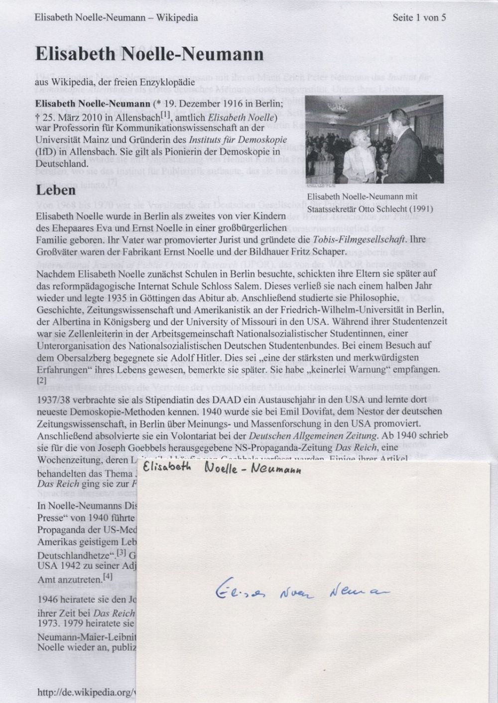 Lot 117: Elisabeth Noelle-Neumann signed album page. Comes with Wikipedia...