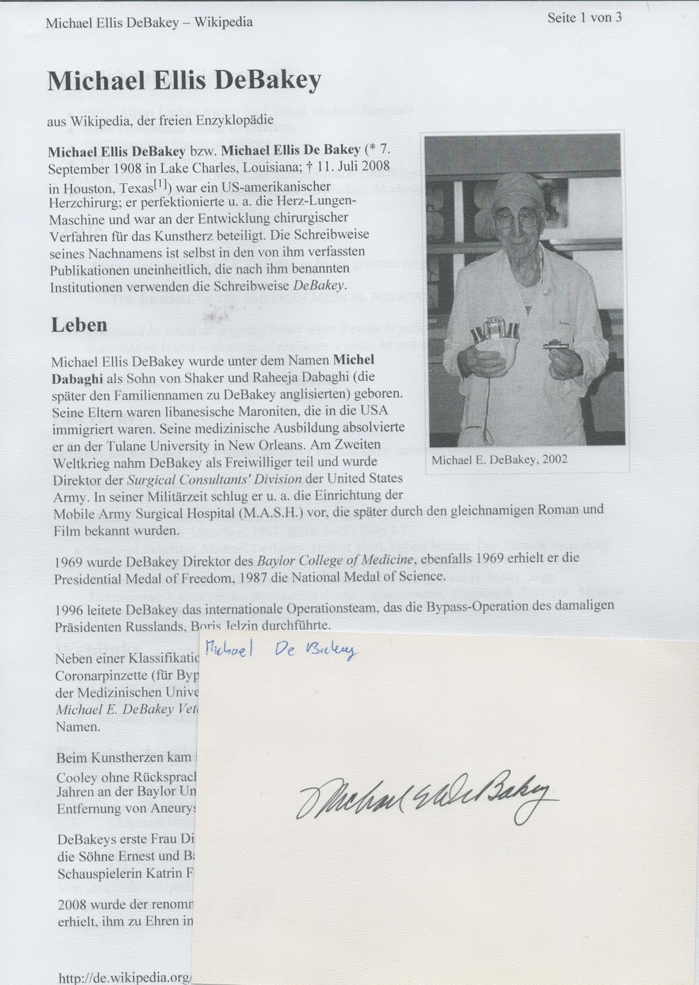 Lot 119: Michael Ellis DeBakey signed album page, Comes with...