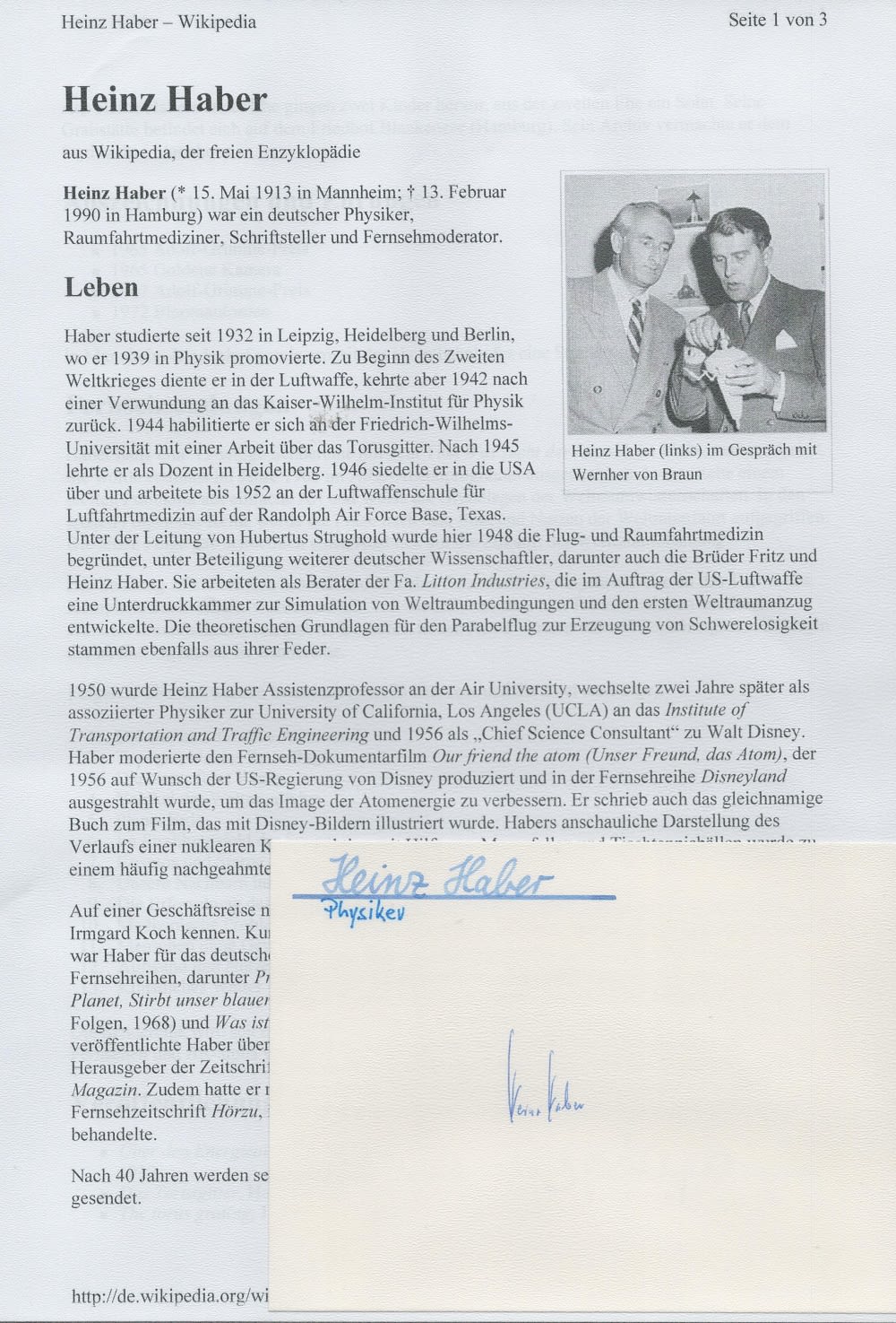 Lot 120: Heinz Haber signed album page, Comes with Wikipedia...