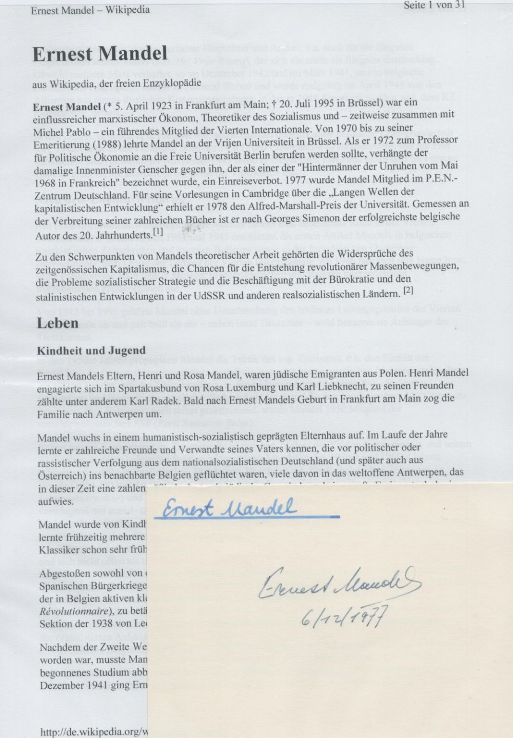Lot 121: Ernest Mandel signed album page, Comes with Wikipedia...