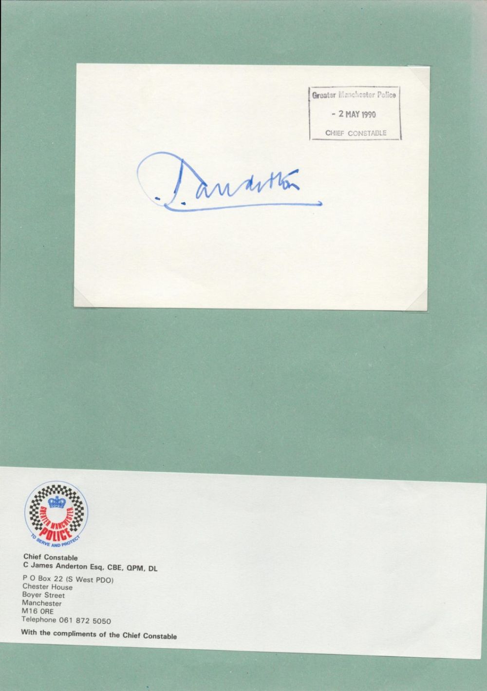 Lot 217: Historic James Anderton signed white card. Chief Constable...