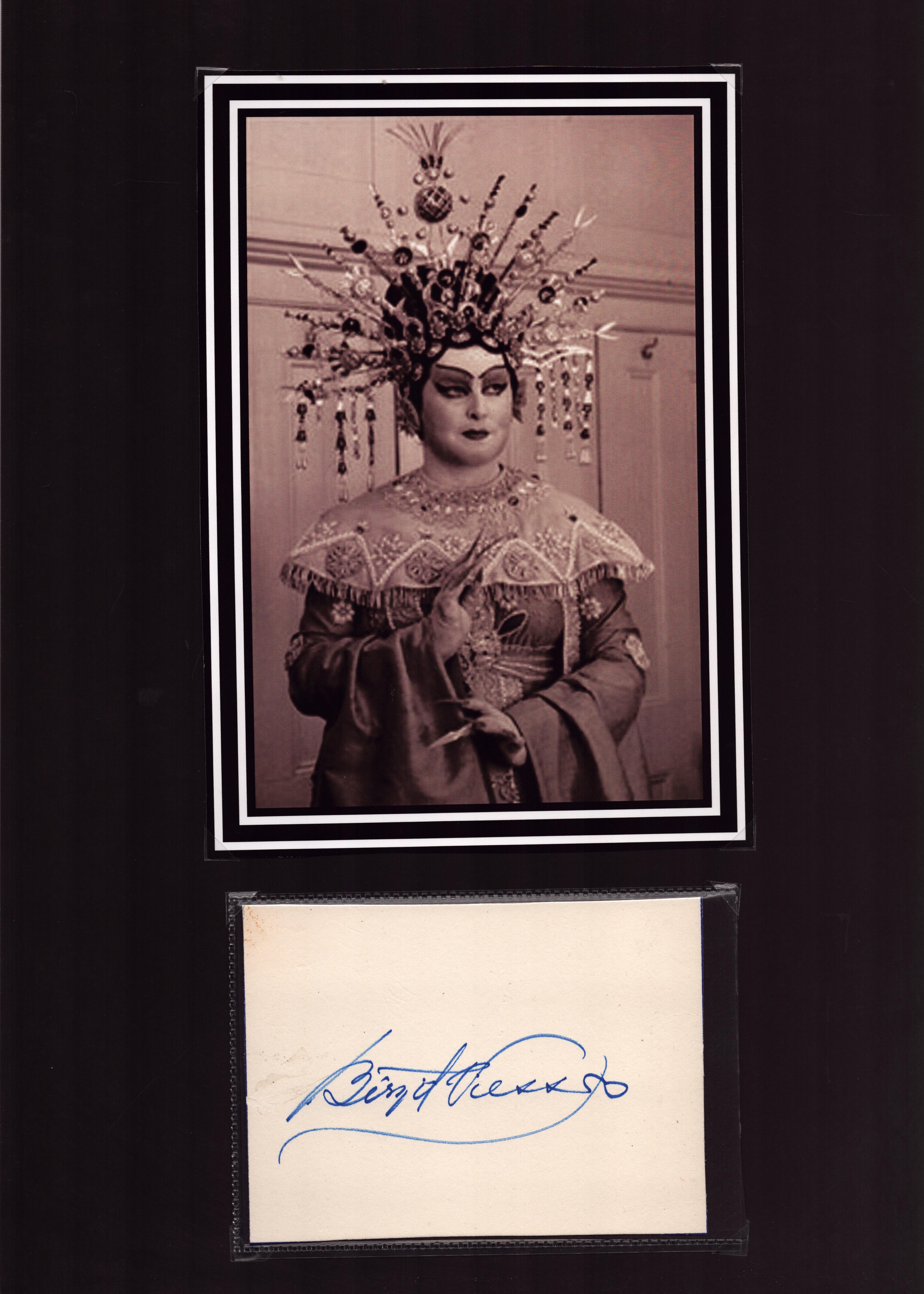 Birgit Nilsson signed album page mounted below black and white photo