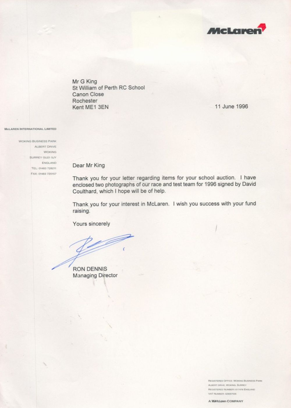 Lot 285: McLaren CEO Ronald Dennis CBE Typed Letter Signed...