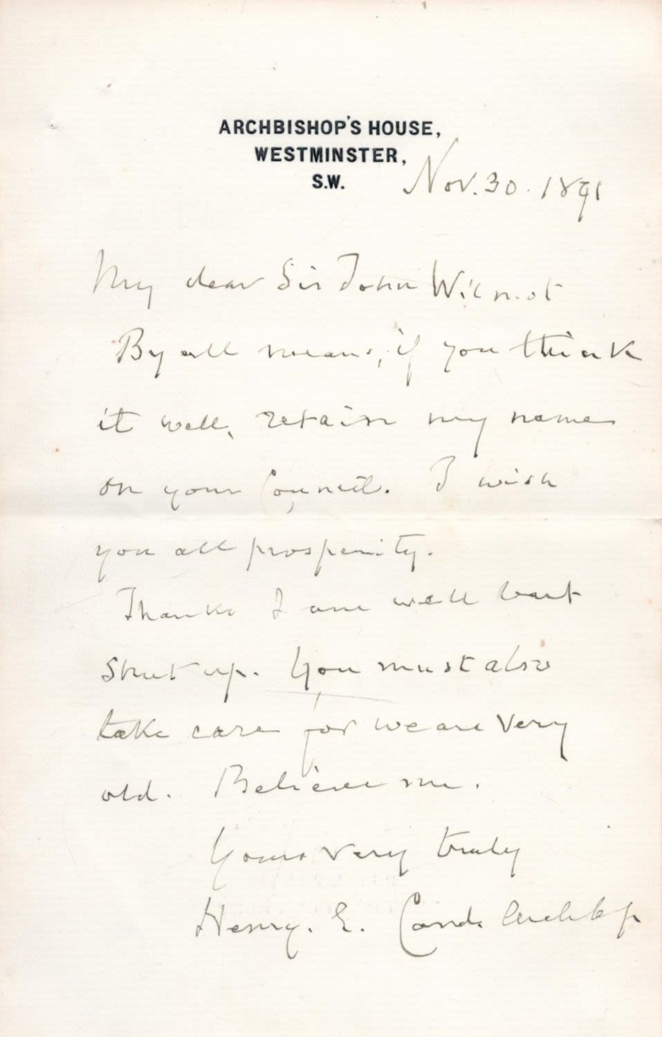 Lot 287: Former Westminster Archbishop Henry E Manning Signed Handwritten...