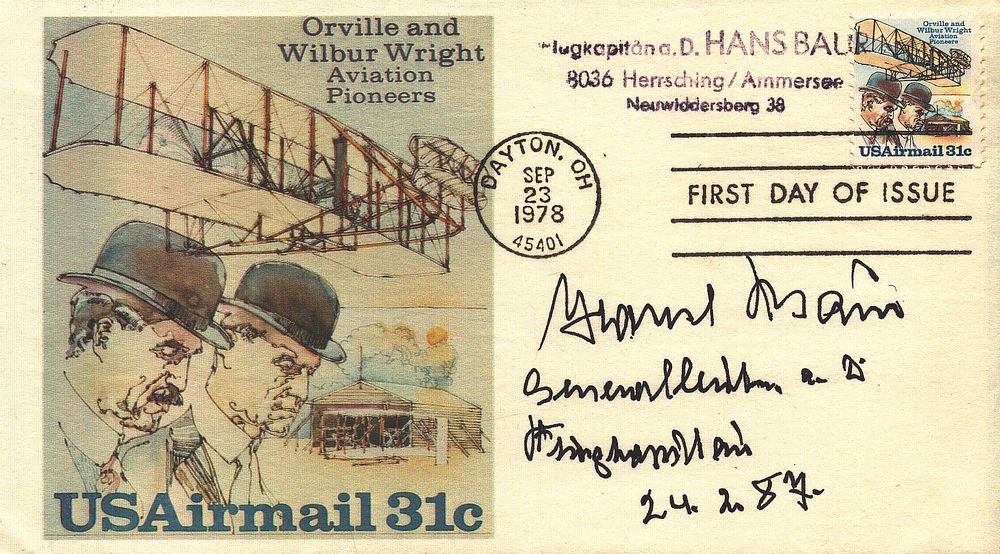 WW2 Luftwaffe Hans Baur Hitlers pilot signed FDC Orville and Wilbur Wright