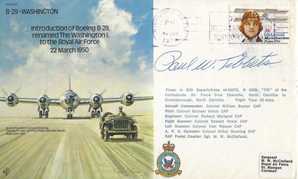 Lot 299: Paul Tibbets signed B-29 Washington Introduction of Boeing...