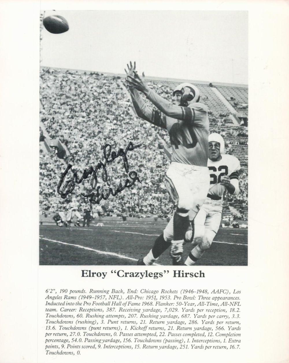 Lot 88: Elroy Crazylegs Hirsch signed 10x8 black and white...