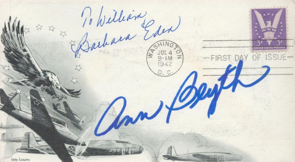Lot 108: Barbara Eden and Ann Blyth signed WWII FDC...