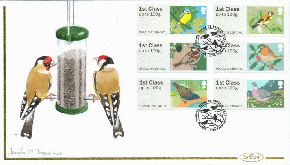 Lot 197: Hand Painted Benham 2010 Birds FDC, signed and...