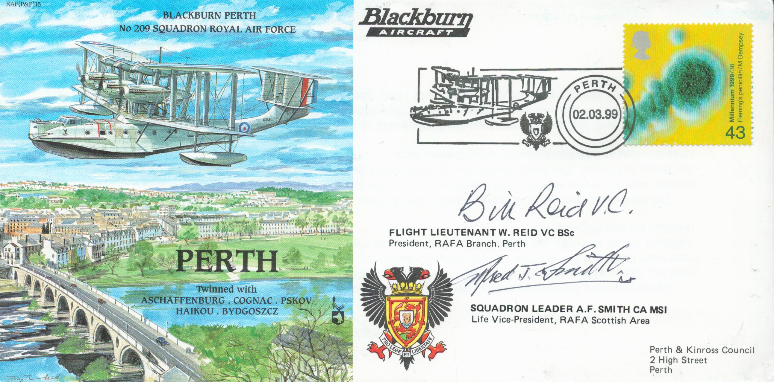Flt Lt Bill Reid VC and Sq Ldr A.F Smith CA signed Perth Balackburn Aircraft FDC