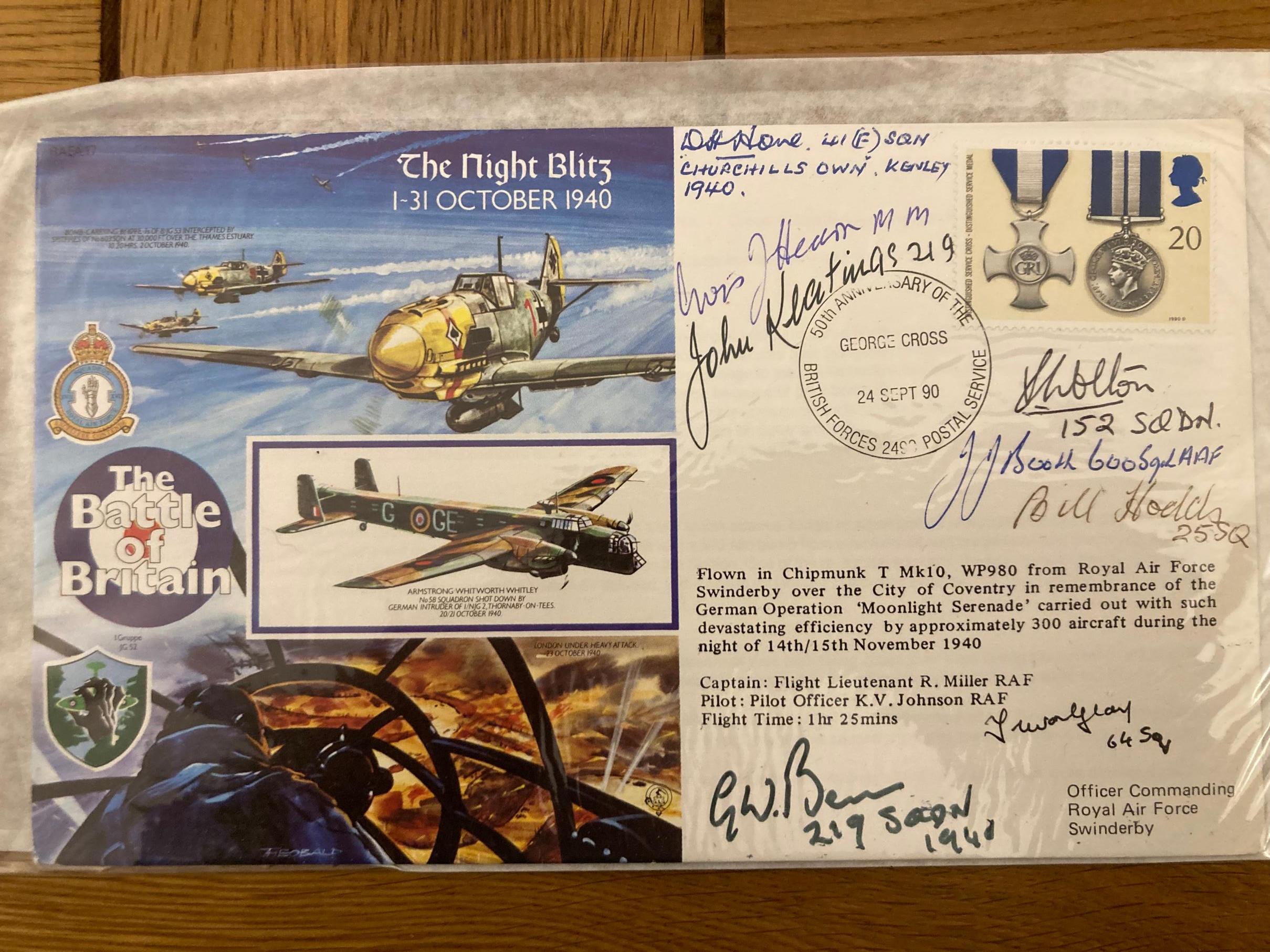 WW2 Battle of Britain D Hone 41 sqn signed RAFA17 50th ann BOB The Night Blitz