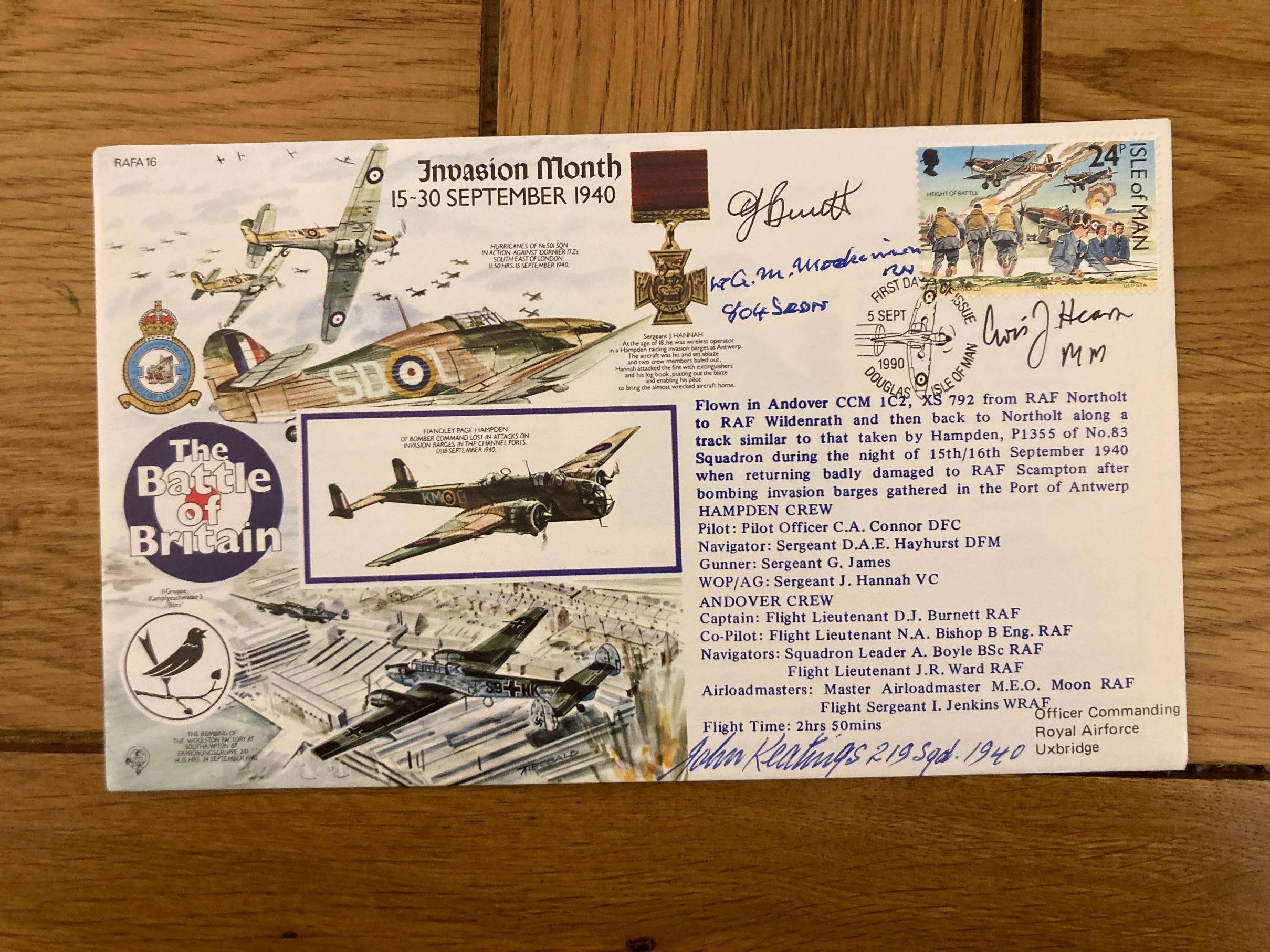 WW2 RARE Battle of Britain pilot Adam MacKinnon 804 sqn signed RAFA16 Invasion