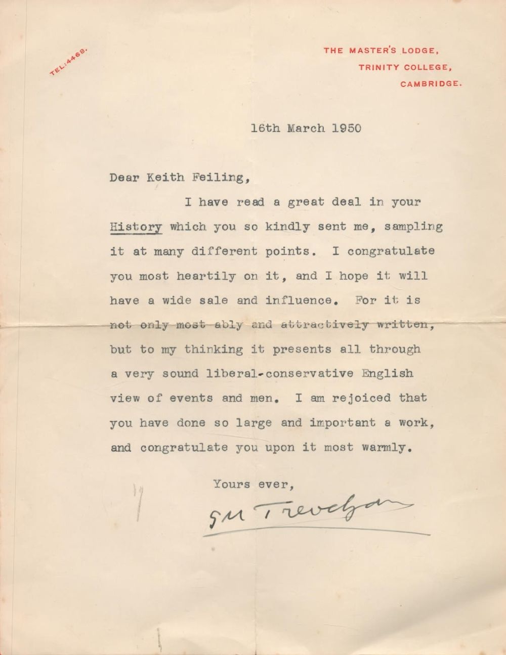 Lot 399: George Macaulay Trevelyan TLS dated 16th March 1950...