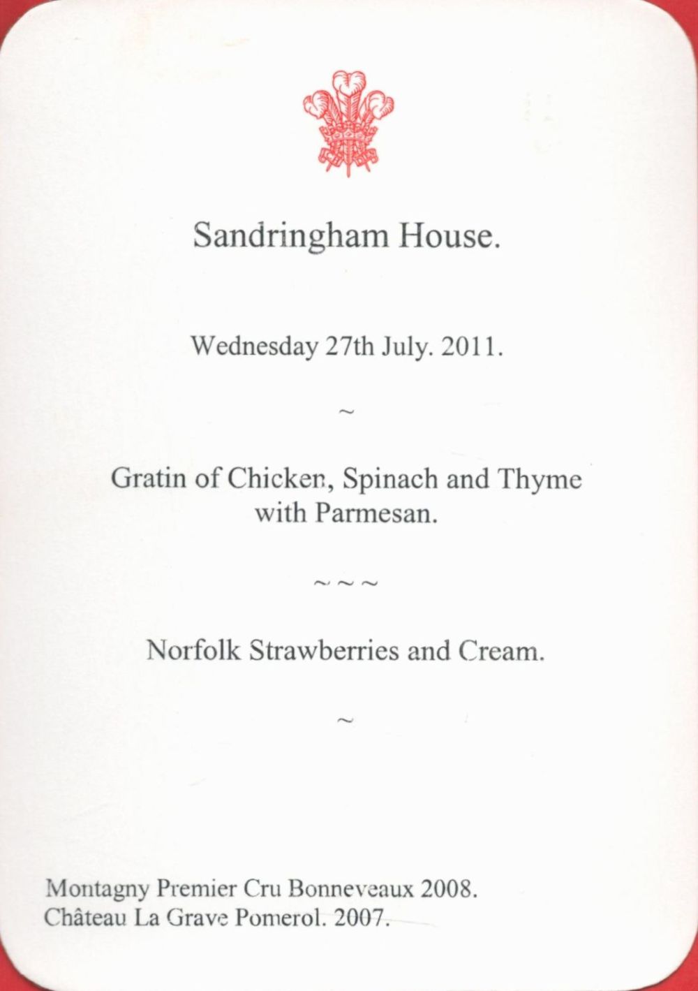 Lot 449: Historic Prince Of Wales dinner menu dated 27th...