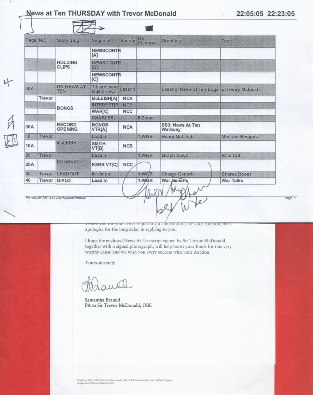 Lot 550: Sir Trevor McDonald Signed News At Ten Script....