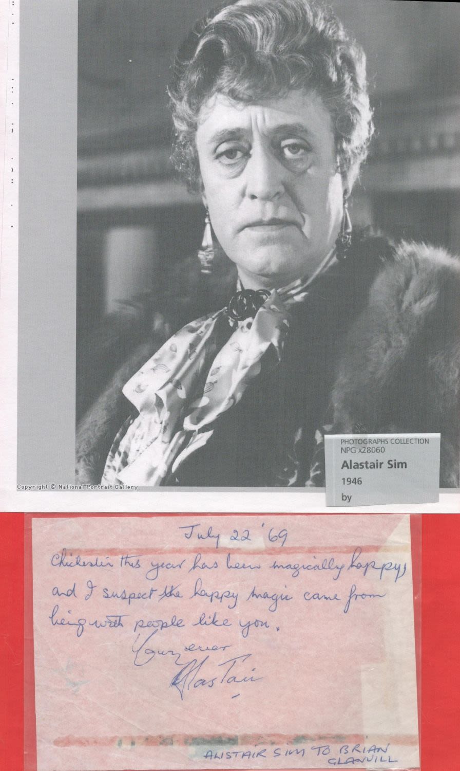 Lot 551: Alistair Sim Handwritten Note to Brian Glanvill on...
