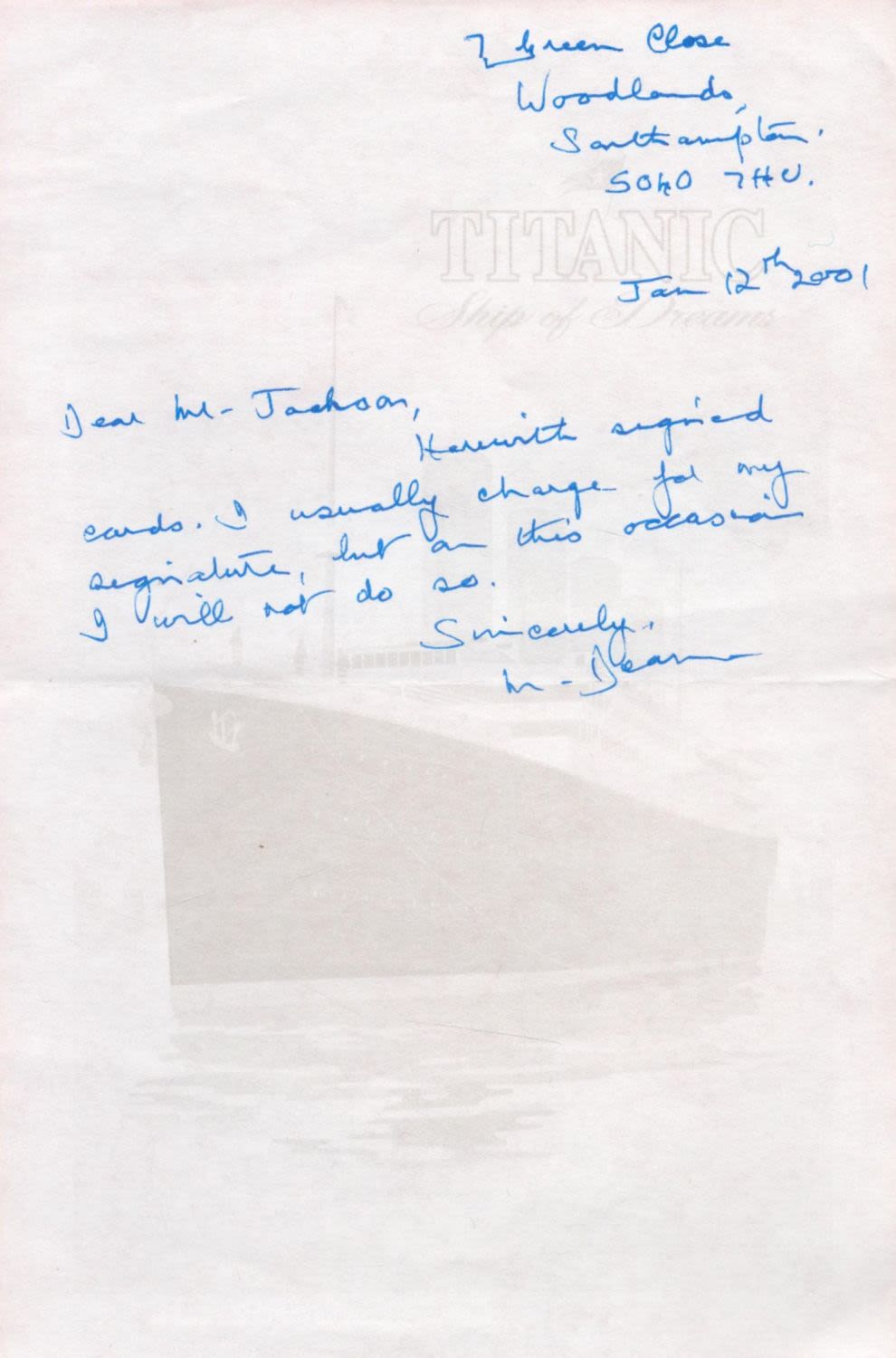 Lot 578: Titanic Survivor Millvina Dean Signed ALS Dated Jan...