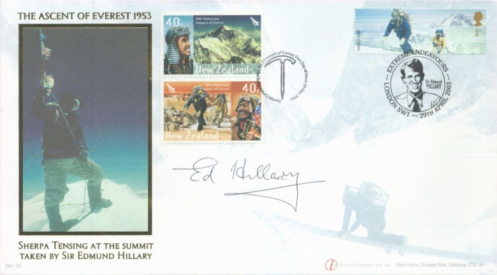 Lot 63: Everest Sir Edmund Hillary signed stunning Internetstamps 2003,...