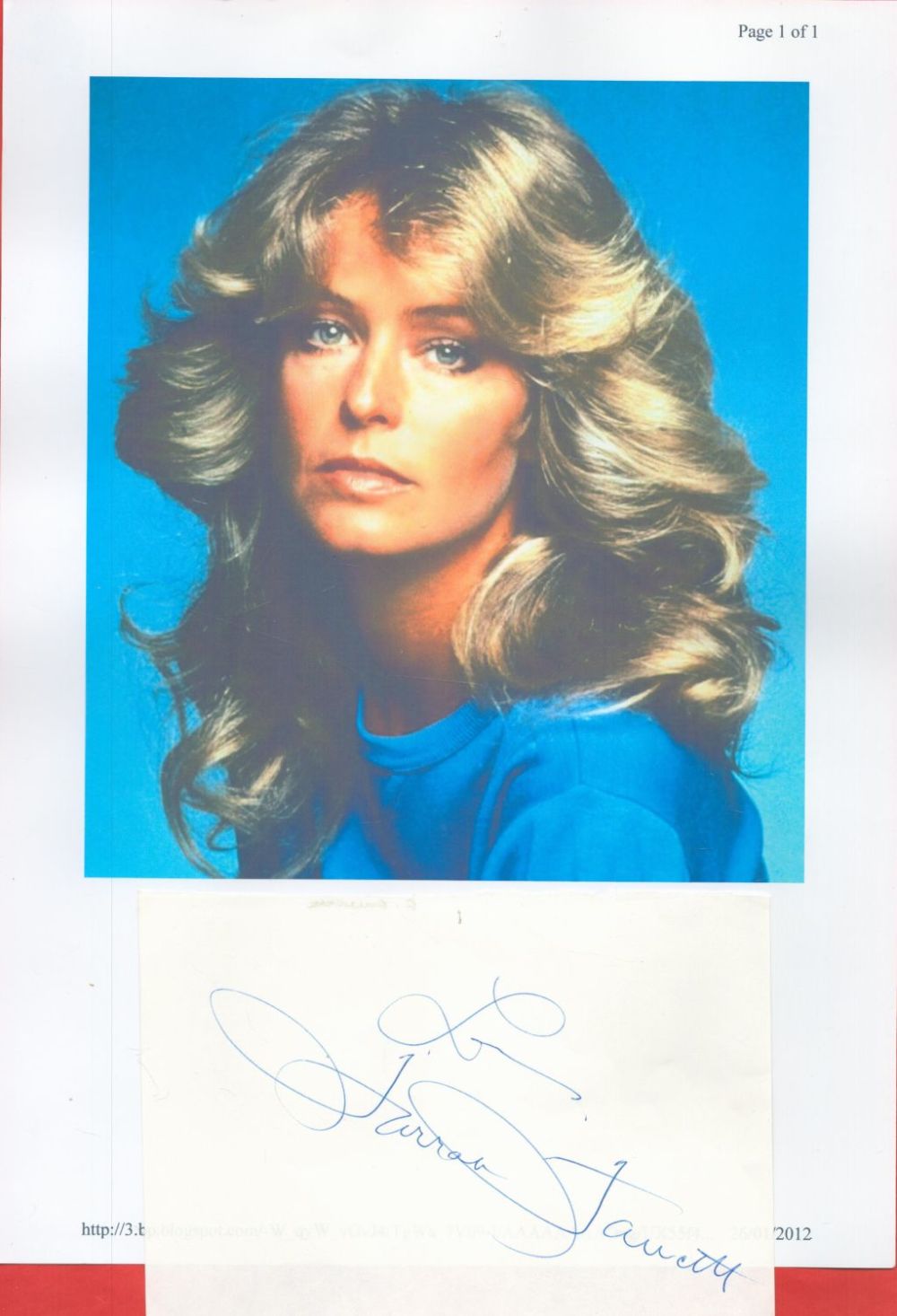 Lot 189: Farrah Fawcett signed 6x4 album page. Farrah Leni...