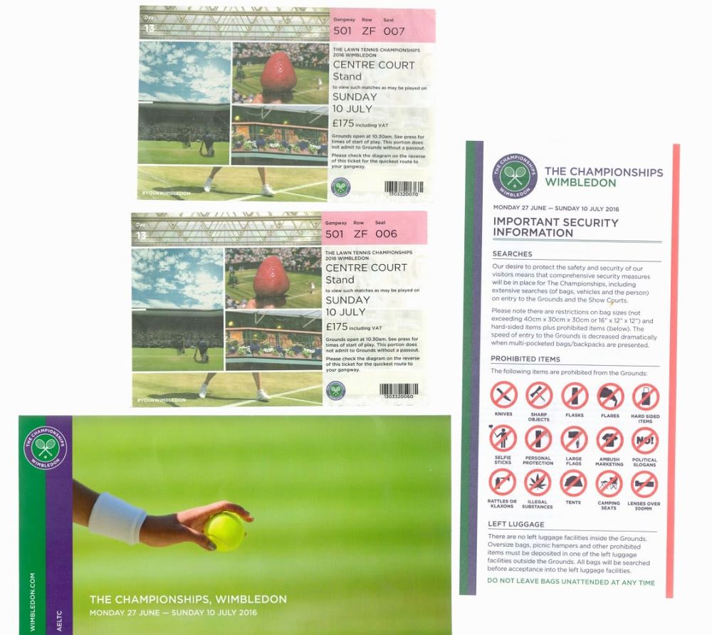Lot 626: Tennis The Championships July 2016, 2 Ticket Stubs...