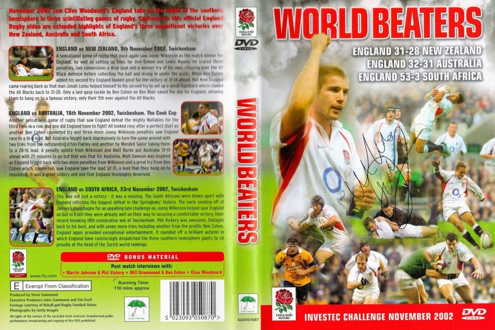Lot 649: Rugby, Martin Johnson signed World Beaters DVD Sleeve....