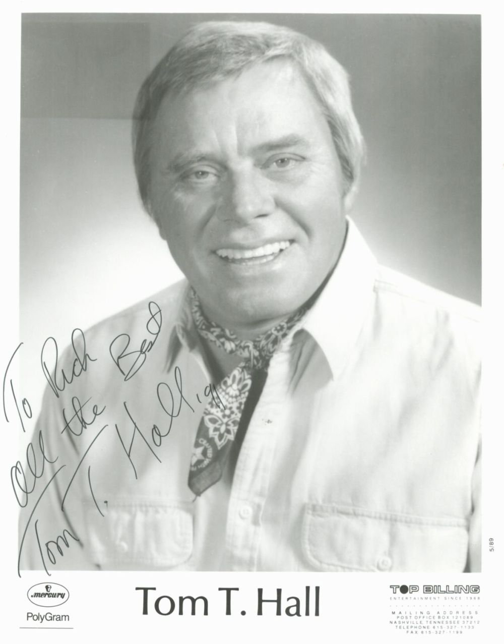 Lot 71: Tom T. Hall signed 10x8 black and white...