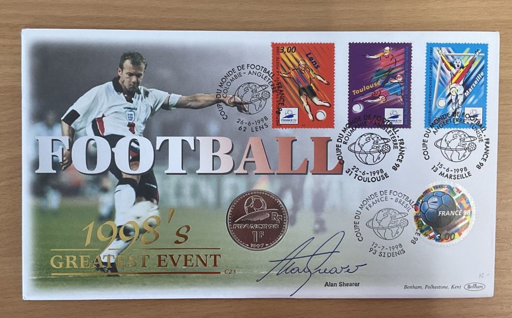Lot 129: Alan Shearer signed Football 1998's greatest event coin...